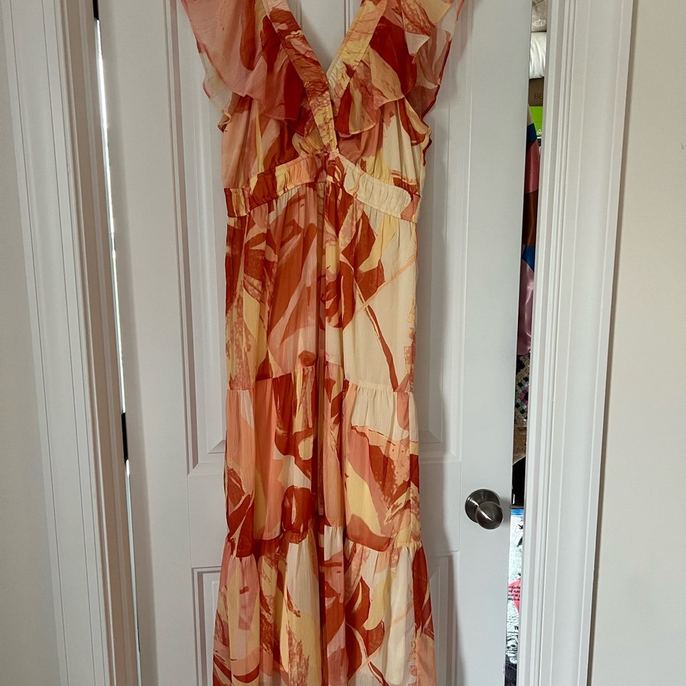 Brown and Orange Plunge Neck Sleeveless Maxi Sundress